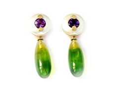 Ohrstecker Gold 585 mit Suesswasser-Zuchtperlen-Coins und Amethysten, Einhaenger Bernstein gruen behandelt abnehmbar